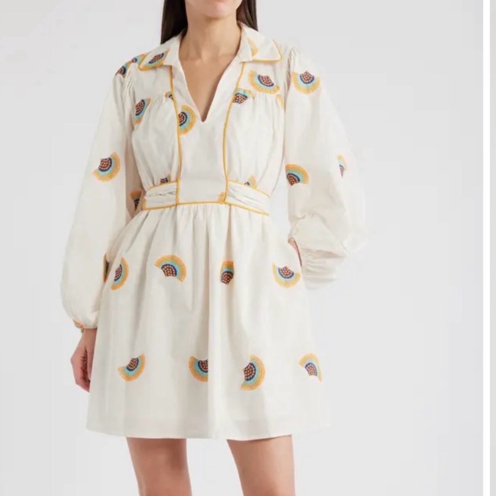 ❗️Ciebon Halliday Long Sleeve Embroidered mini dress 100% cotton size xs cream